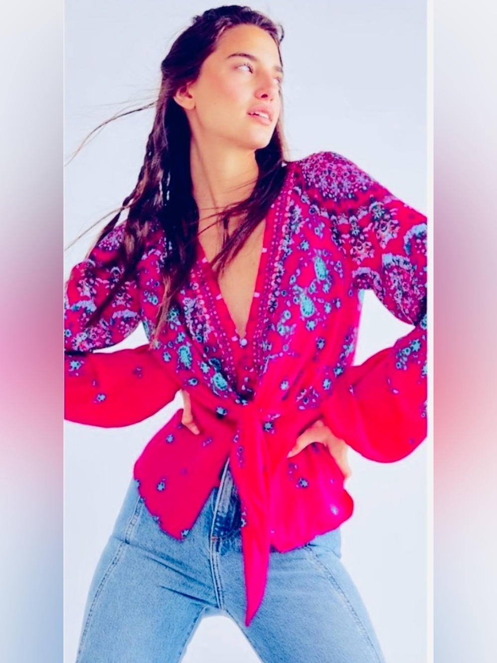 Free People Run Free Blouse Pink Paisley Bohemian Romantic Whimsical Resortwear